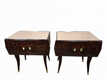 Pair of rosewood, maple and pink glass bedside tables, 1950s