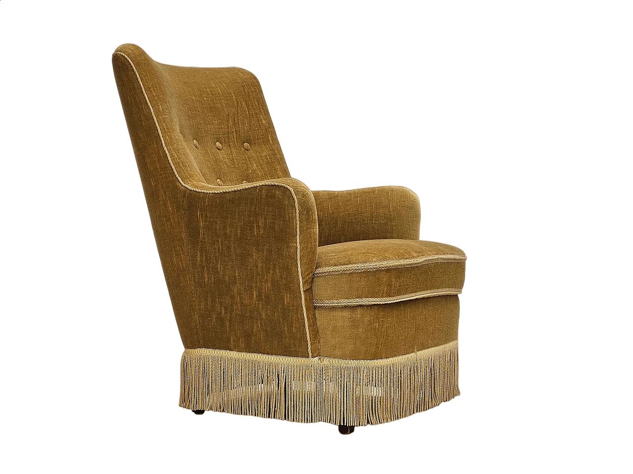 Danish beech and light green velvet armchair with tassels, 1960s 14