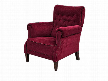 Danish ash and cherry red velvet armchair, 1950s