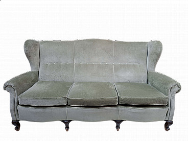 Sage-coloured velvet three-seater sofa, 1960s