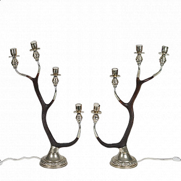 Coppia di lampade da tavolo in metallo e corna di cervo