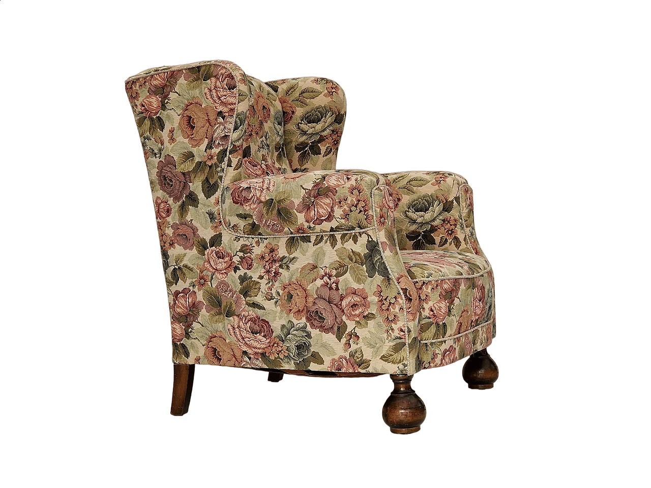 Danish floral patterned armchair with oak legs, 1950s 16