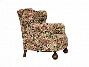 Danish floral patterned armchair with oak legs, 1950s