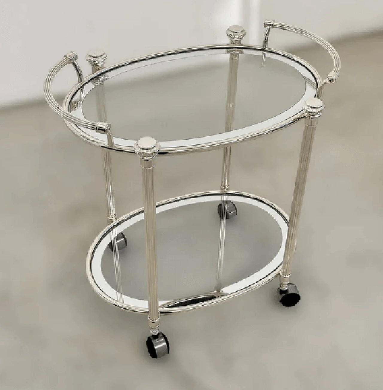 Carrello bar in metallo argentato e vetro, anni '80