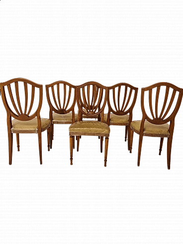 6 English-style solid walnut and yellow velvet chairs, 1950s