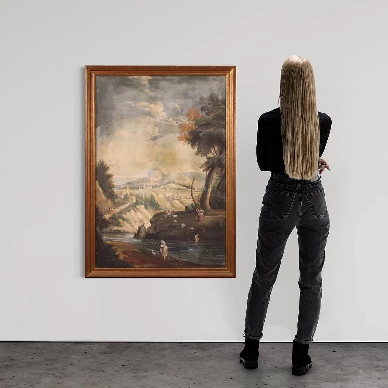 Paesaggio con figure, dipinto a tempera su carta, fine '700 3