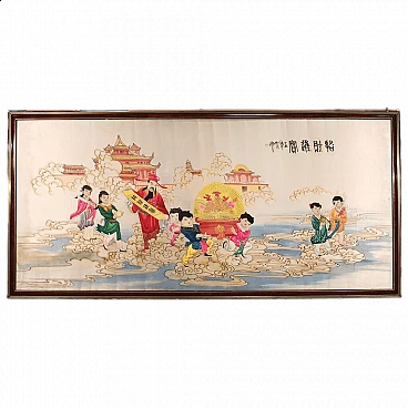 Pannello decorativo con ricamo su seta cinese, anni '90