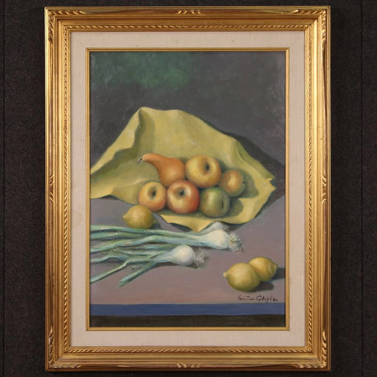 Valentino Ghiglia, still life with fruit and vegetables, oil painting on canvas, 1940s 1