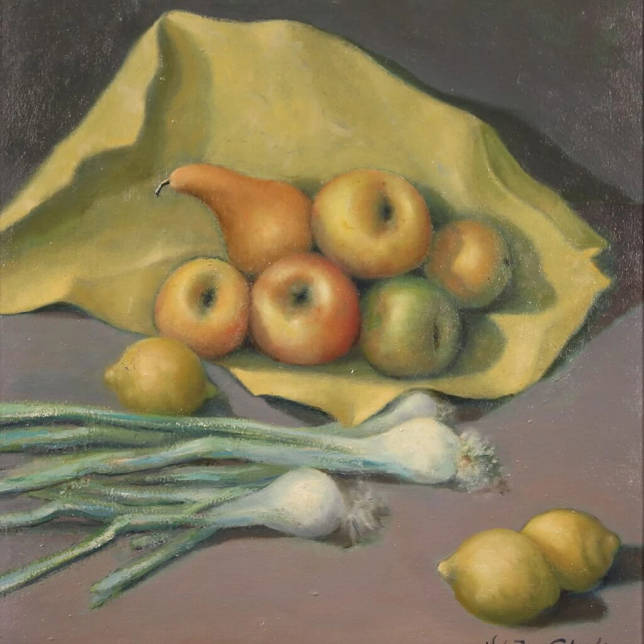 Valentino Ghiglia, still life with fruit and vegetables, oil painting on canvas, 1940s 2