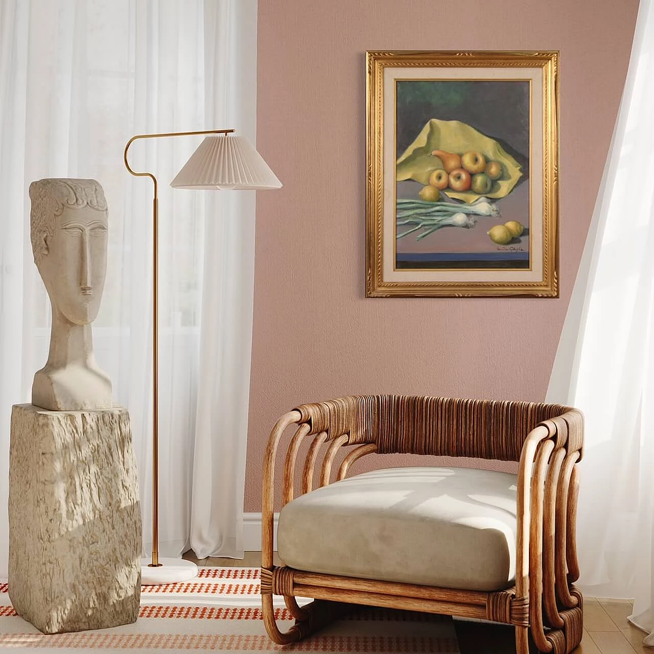 Valentino Ghiglia, still life with fruit and vegetables, oil painting on canvas, 1940s 6