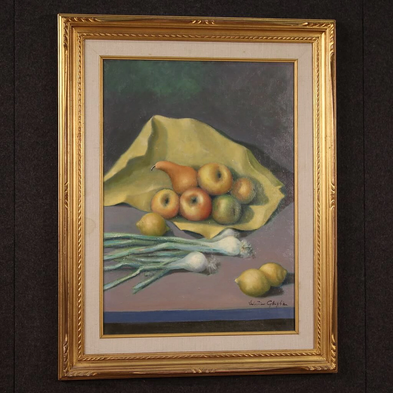 Valentino Ghiglia, still life with fruit and vegetables, oil painting on canvas, 1940s 14
