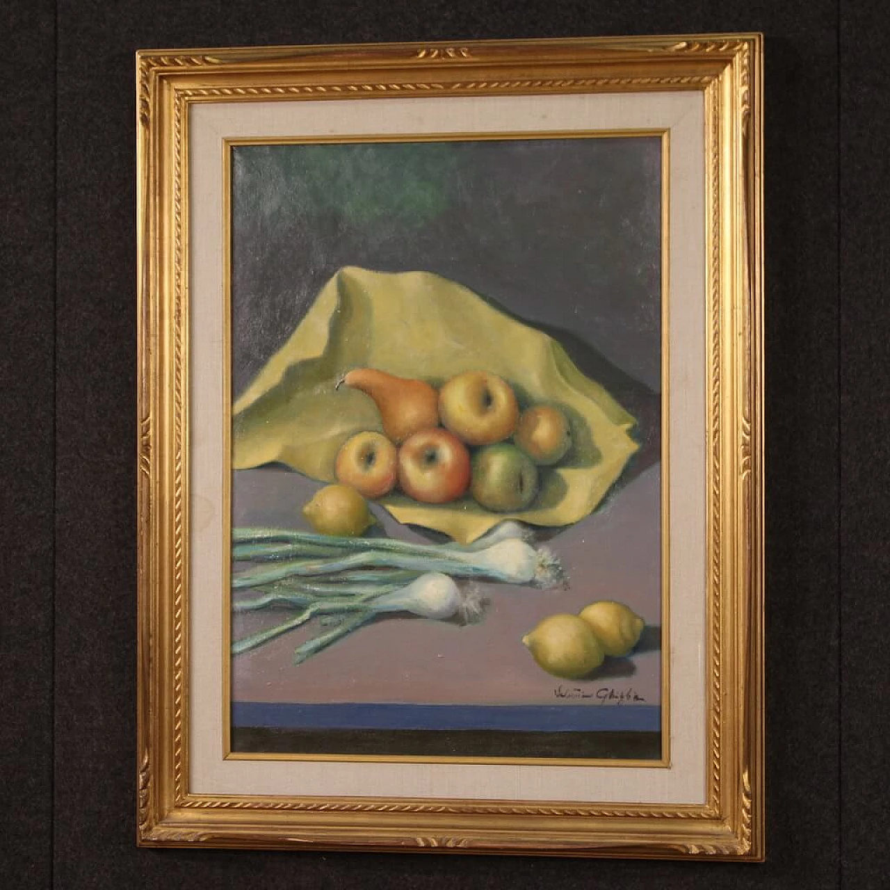 Valentino Ghiglia, still life with fruit and vegetables, oil painting on canvas, 1940s 15