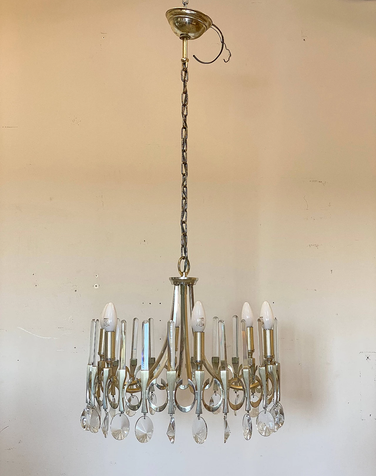 Polished and satin-finished chrome-plated steel chandelier by Gaetano Sciolari, 1970s 1