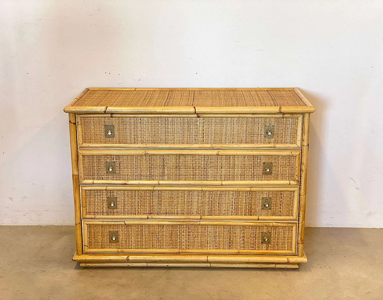 Wicker and bamboo chest of drawers with brass handles by Dal Vera, 1970s 1