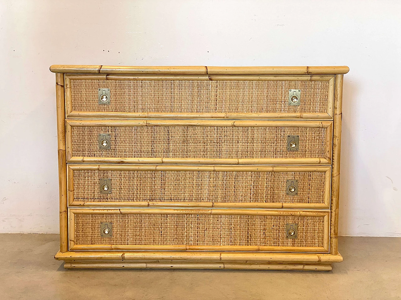 Wicker and bamboo chest of drawers with brass handles by Dal Vera, 1970s 2