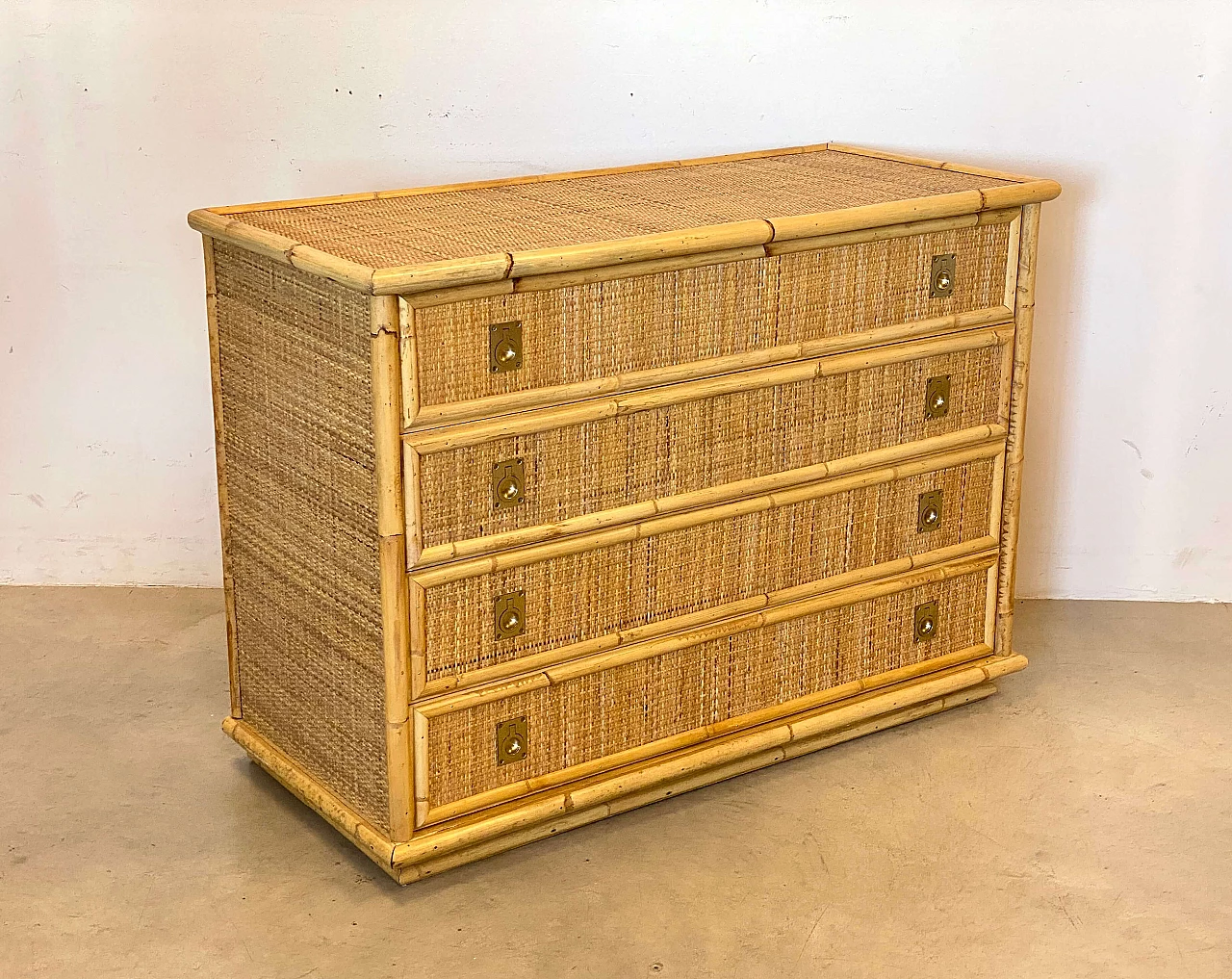 Wicker and bamboo chest of drawers with brass handles by Dal Vera, 1970s 4