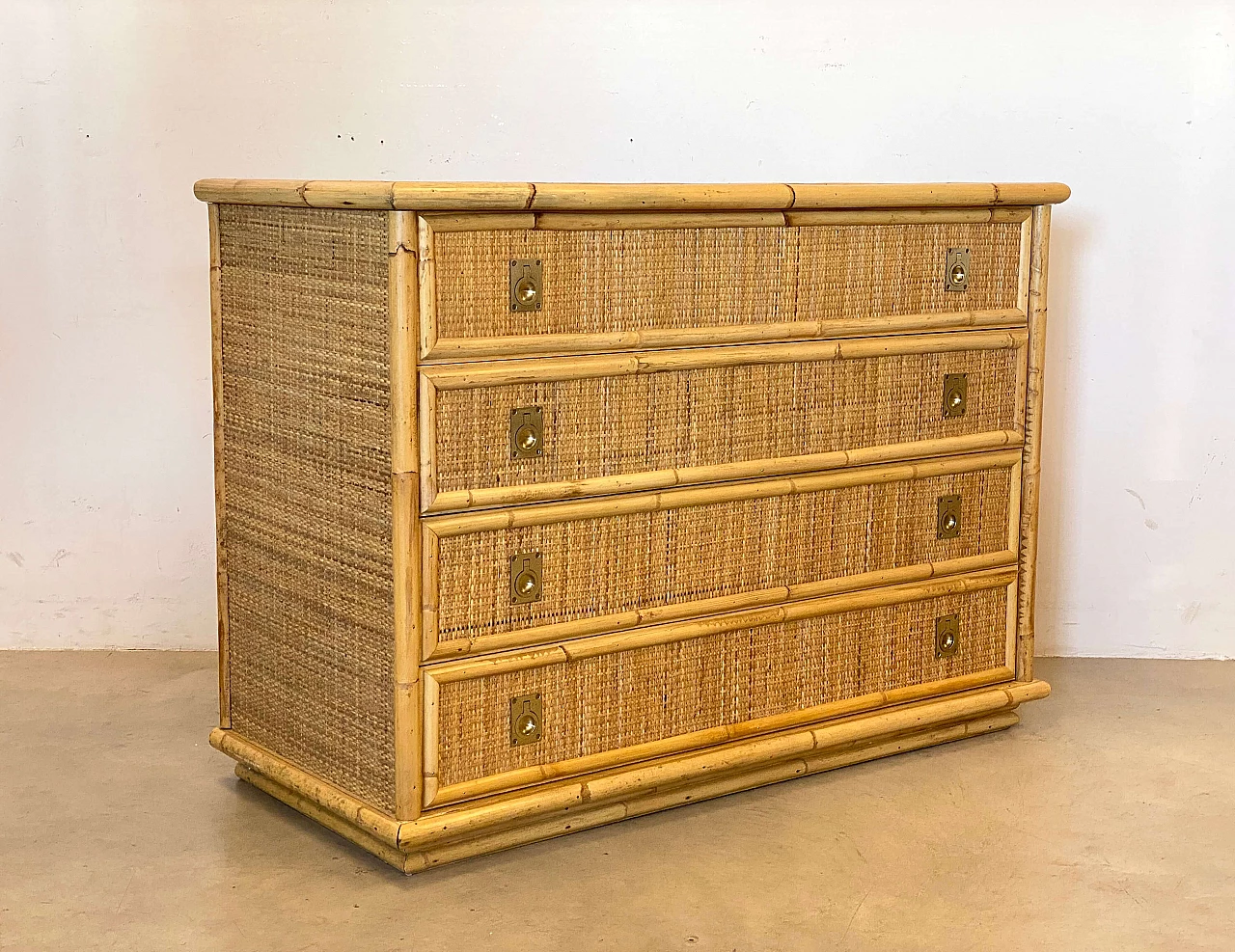 Wicker and bamboo chest of drawers with brass handles by Dal Vera, 1970s 5