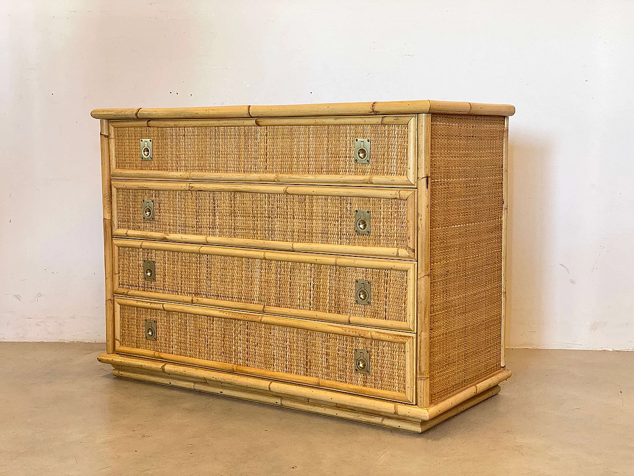 Wicker and bamboo chest of drawers with brass handles by Dal Vera, 1970s 6