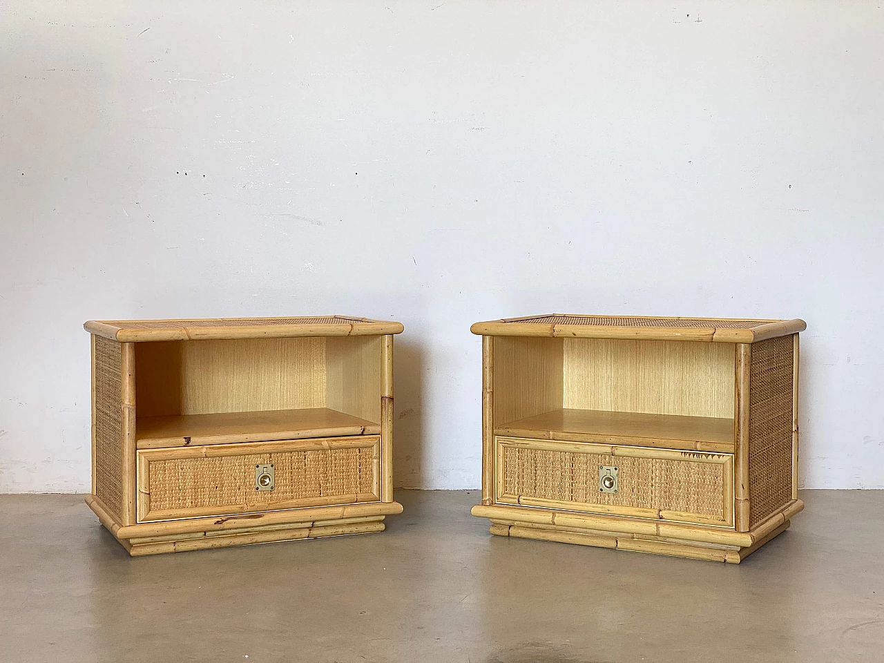 Pair of bamboo and wicker bedside tables by Dal Vera, 1970s 1