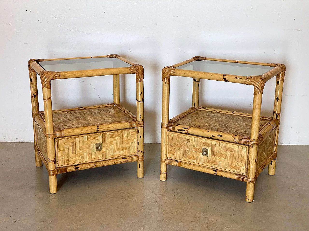 Pair of bamboo and wicker bedside tables in the style of Dal Vera, 1970s 1
