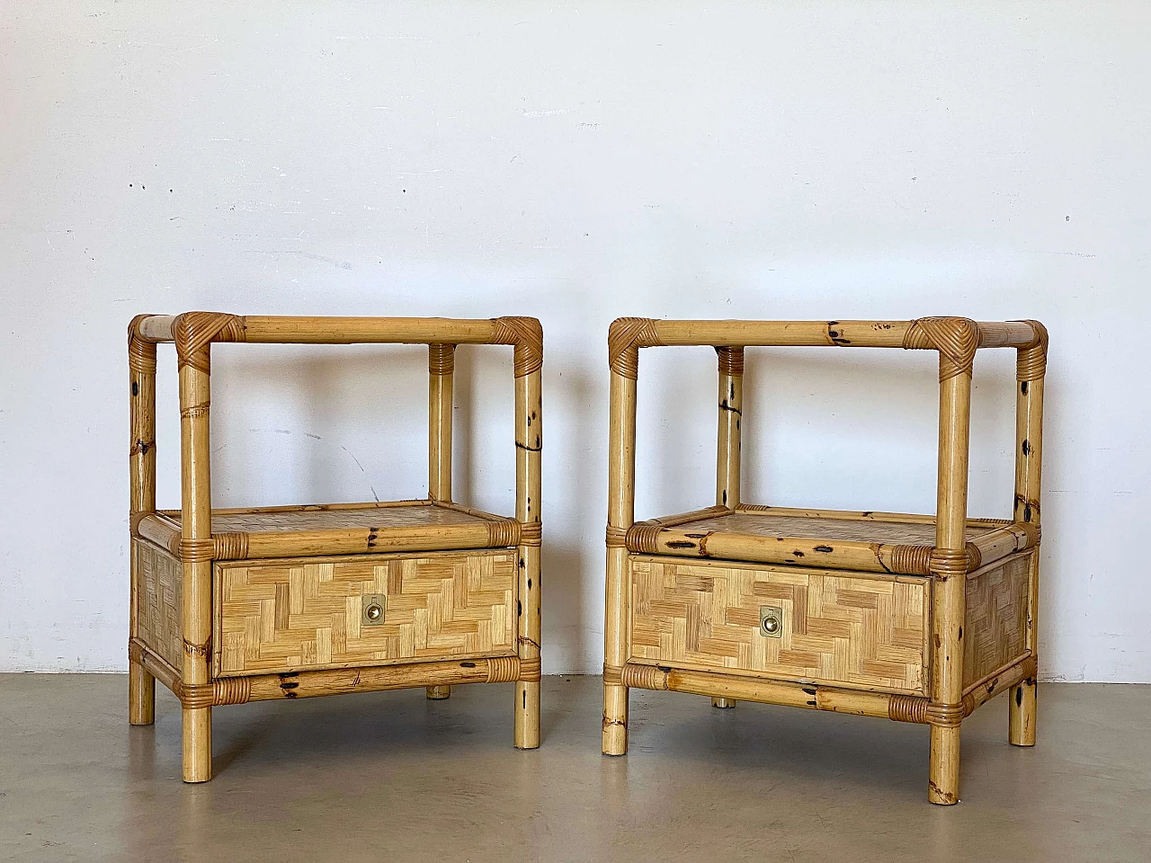 Pair of bamboo and wicker bedside tables in the style of Dal Vera, 1970s 2