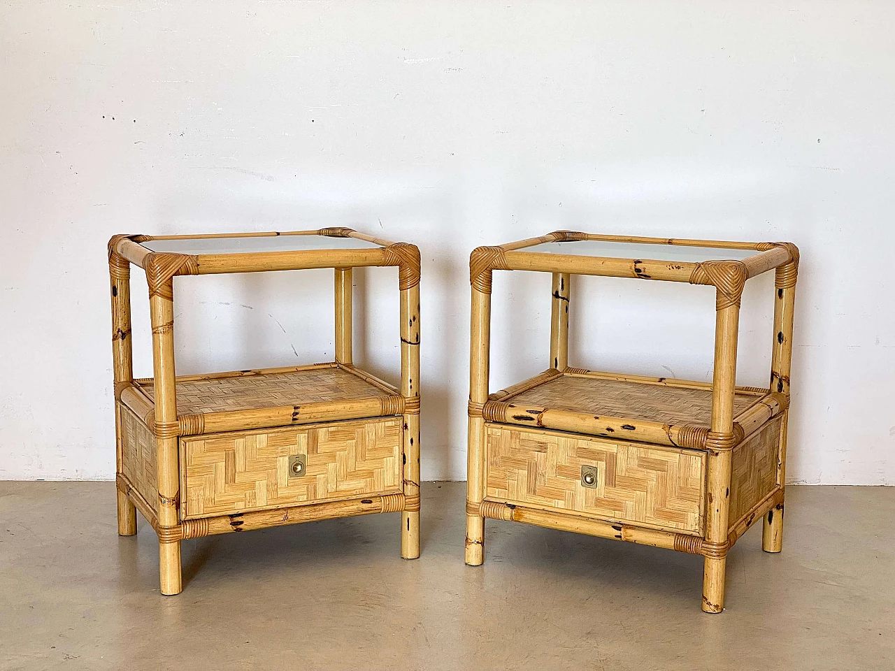 Pair of bamboo and wicker bedside tables in the style of Dal Vera, 1970s 3