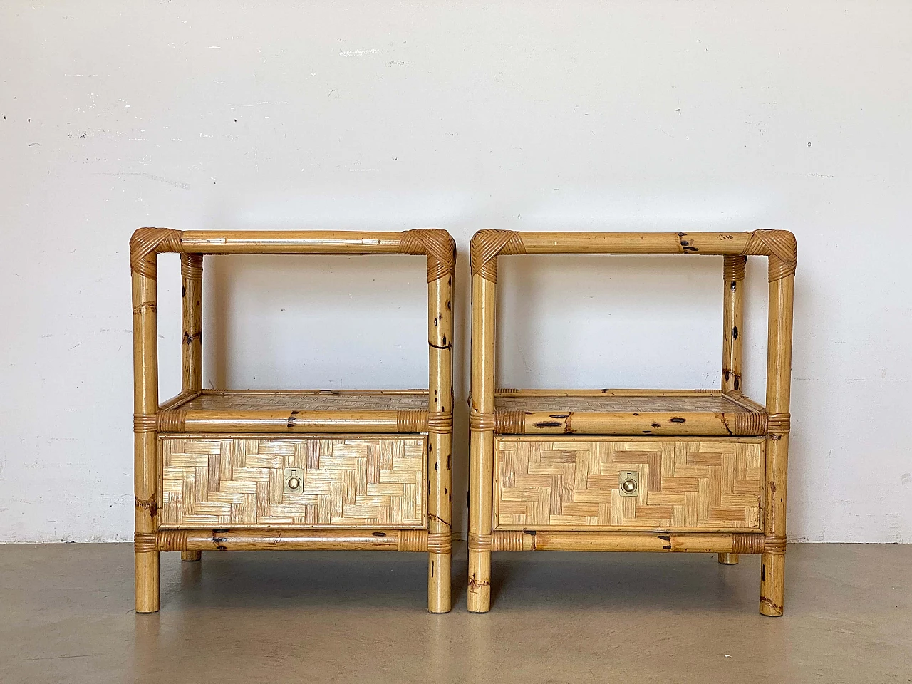 Pair of bamboo and wicker bedside tables in the style of Dal Vera, 1970s 4