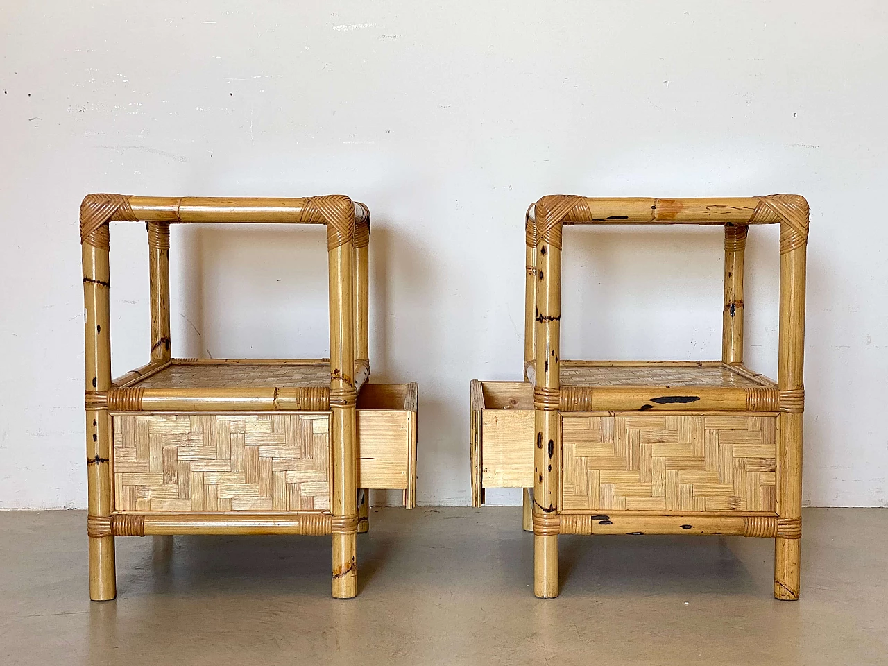 Pair of bamboo and wicker bedside tables in the style of Dal Vera, 1970s 5