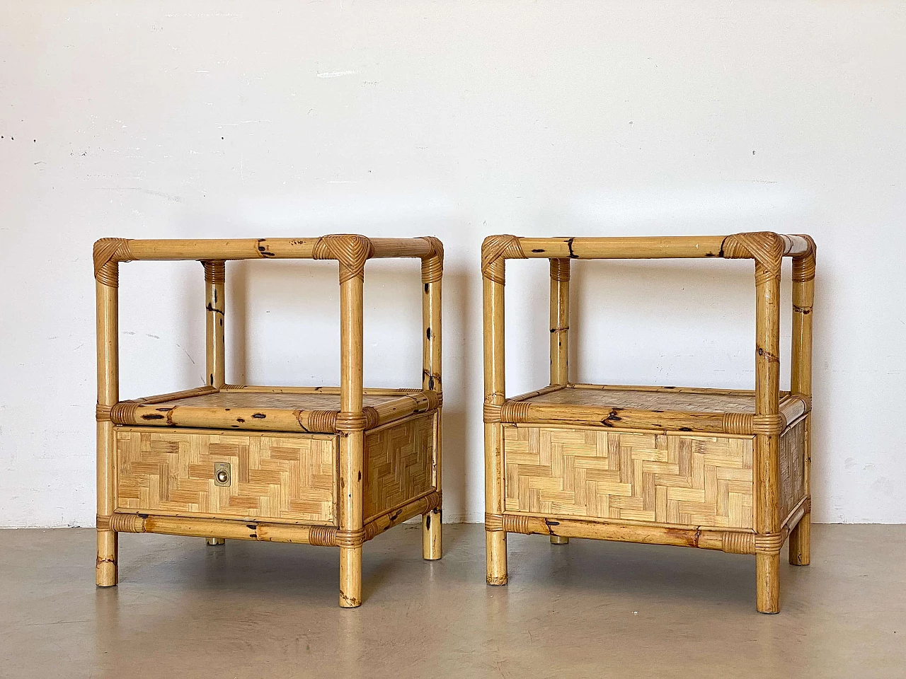 Pair of bamboo and wicker bedside tables in the style of Dal Vera, 1970s 6