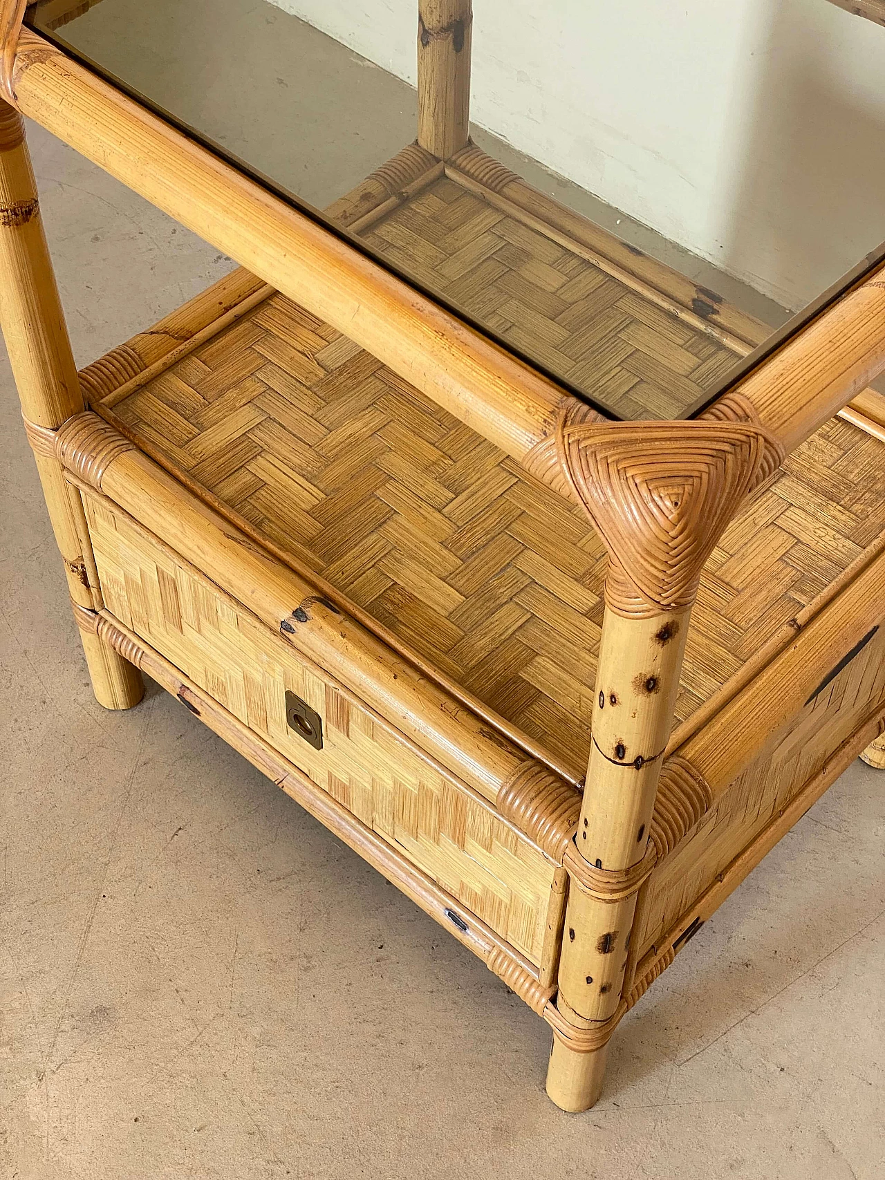 Pair of bamboo and wicker bedside tables in the style of Dal Vera, 1970s 12
