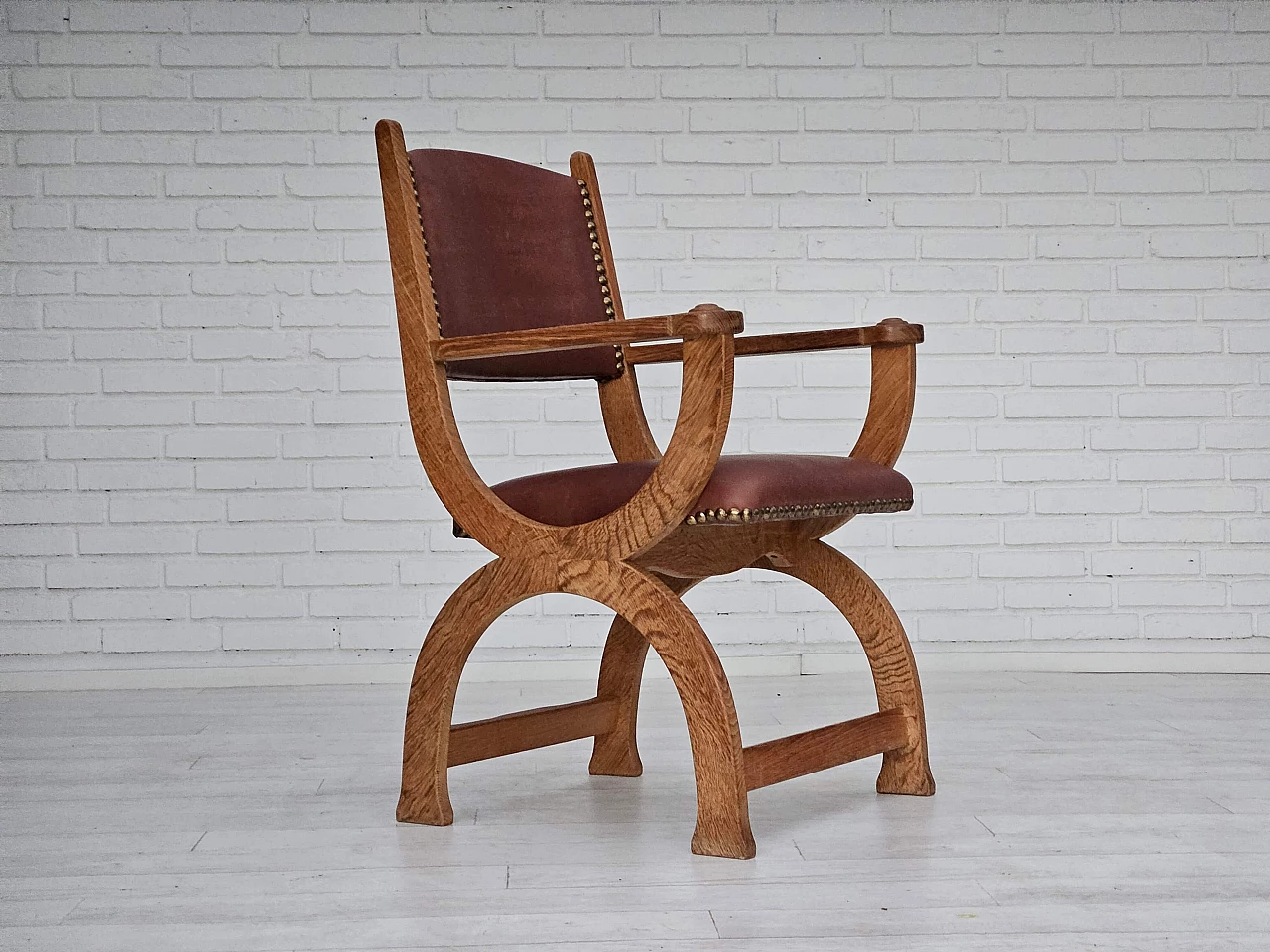 Danish armchair in natural brown leather and oak, 1950s 1