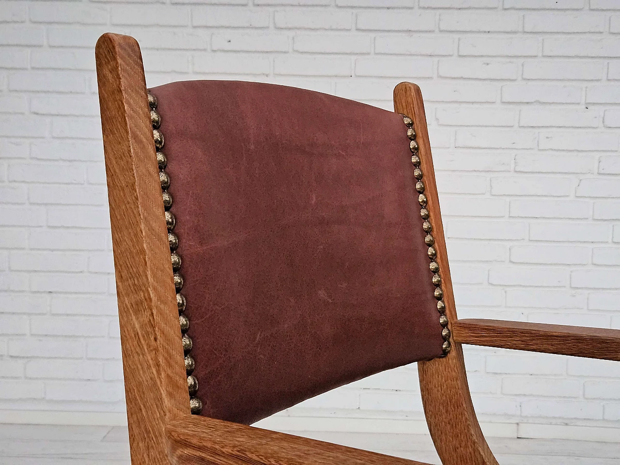 Danish armchair in natural brown leather and oak, 1950s 4