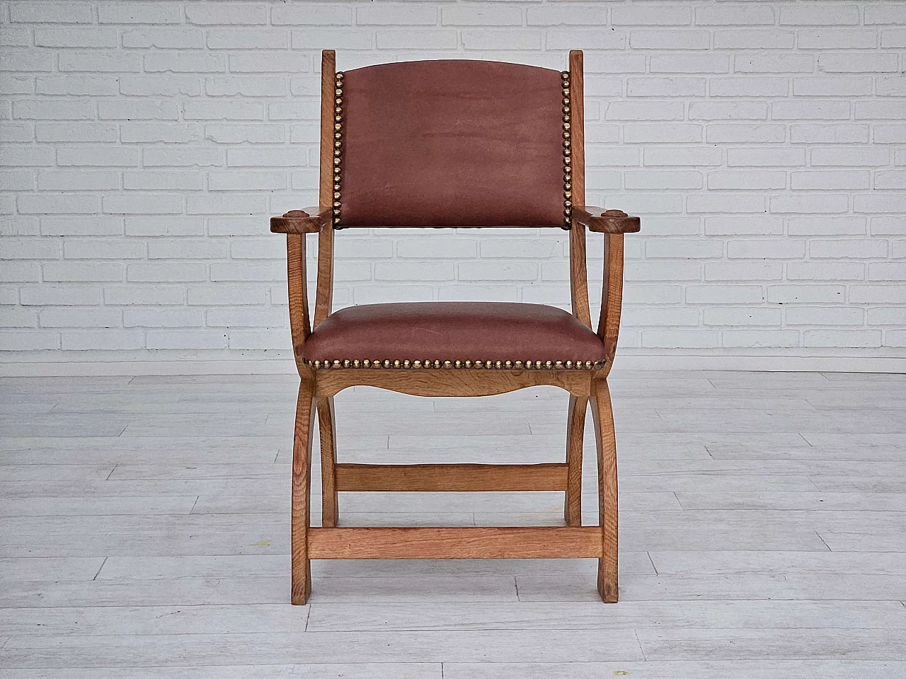 Danish armchair in natural brown leather and oak, 1950s 6
