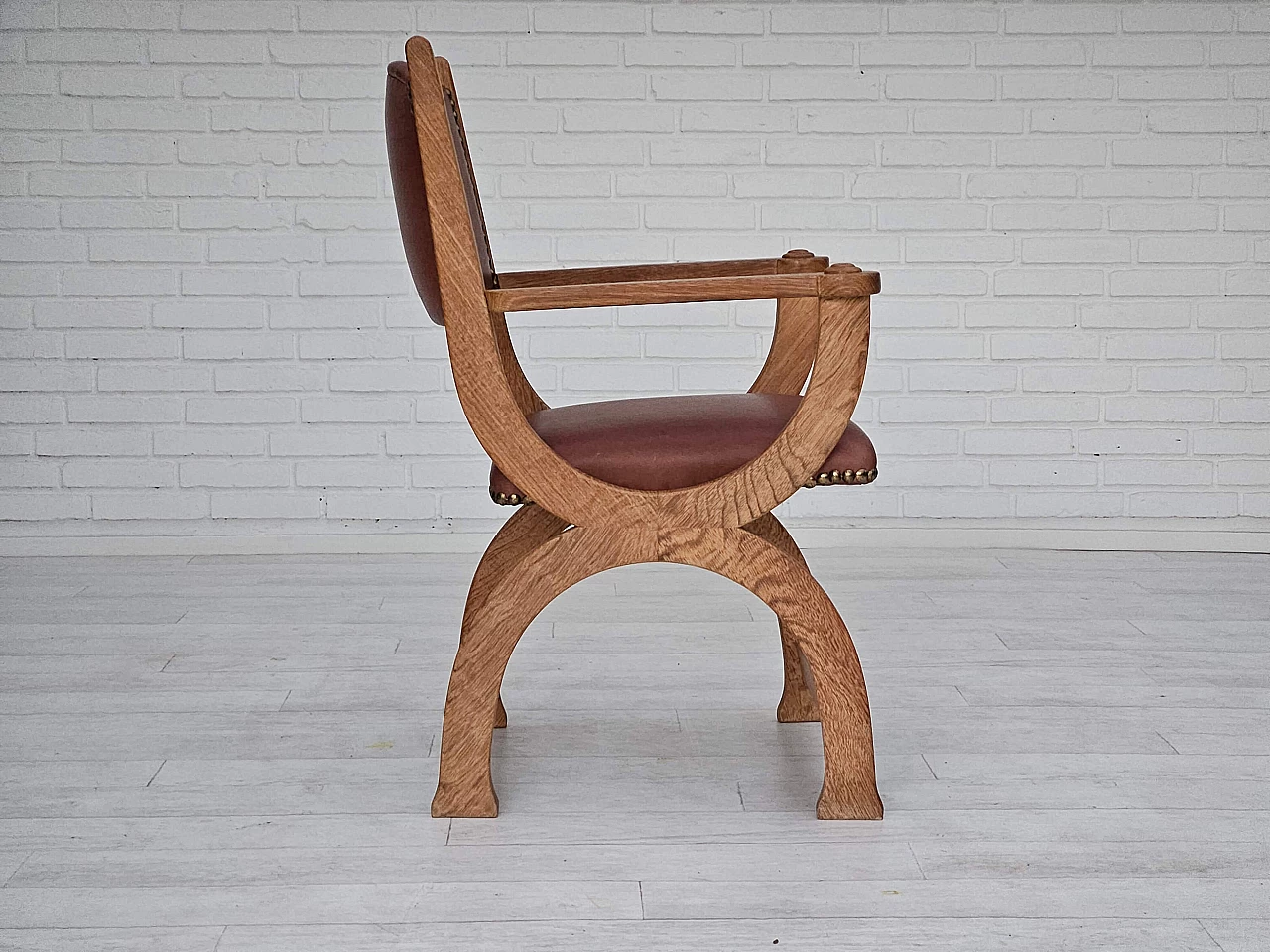 Danish armchair in natural brown leather and oak, 1950s 7