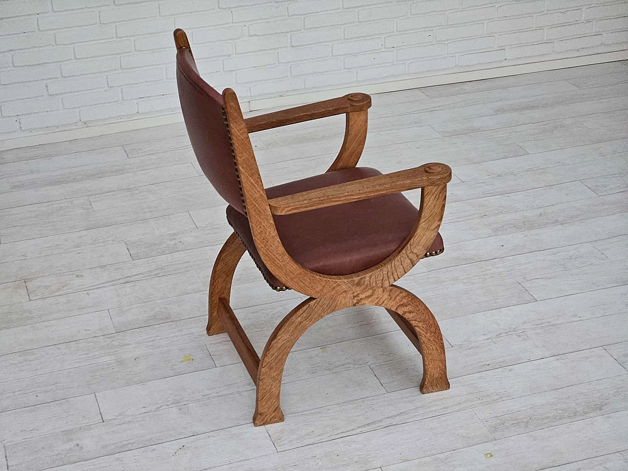 Danish armchair in natural brown leather and oak, 1950s 8