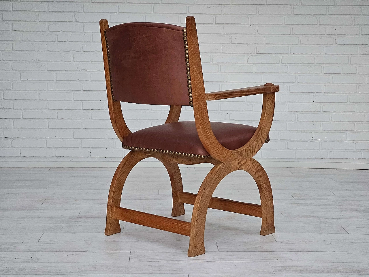 Danish armchair in natural brown leather and oak, 1950s 10