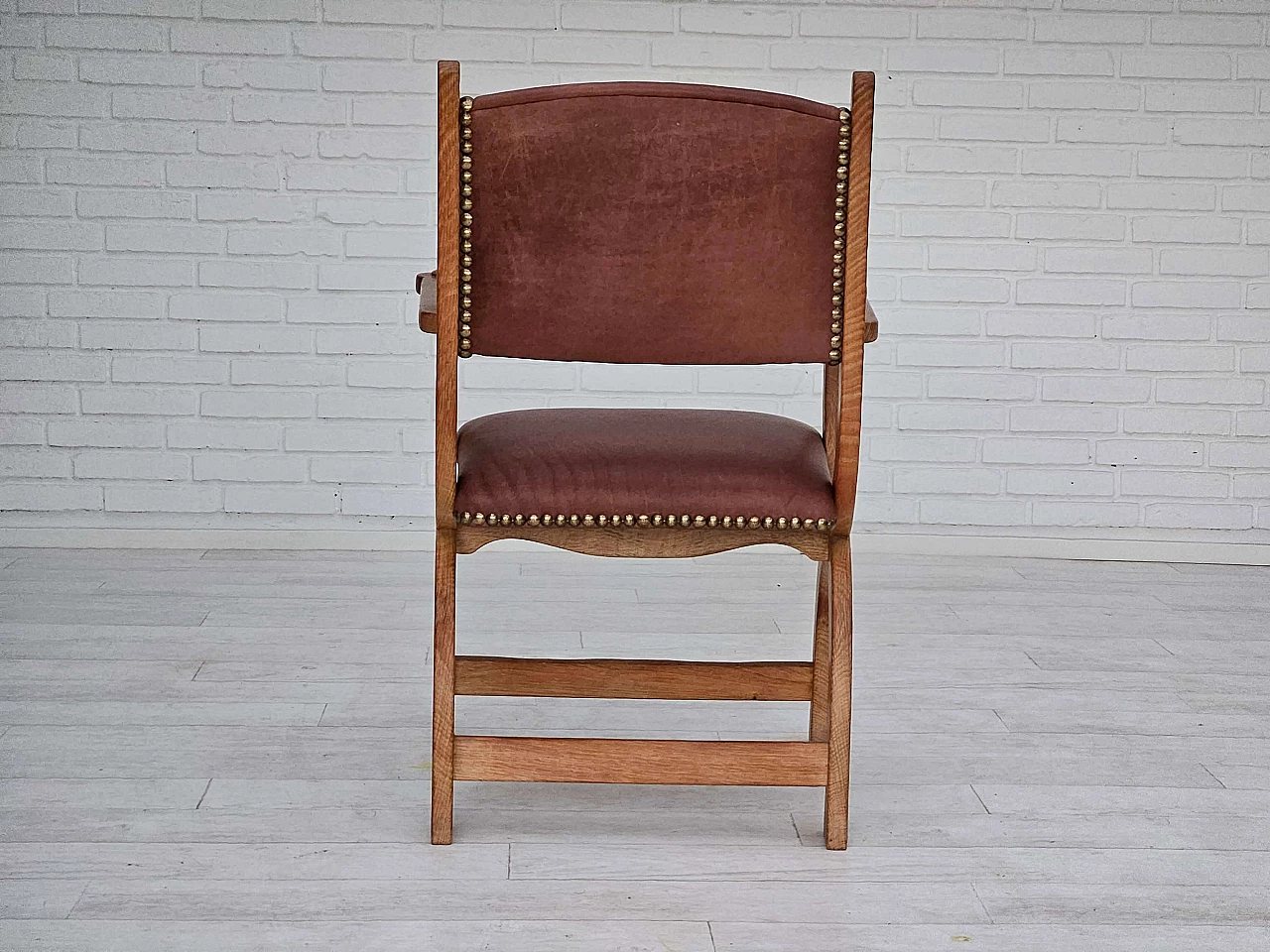 Danish armchair in natural brown leather and oak, 1950s 11