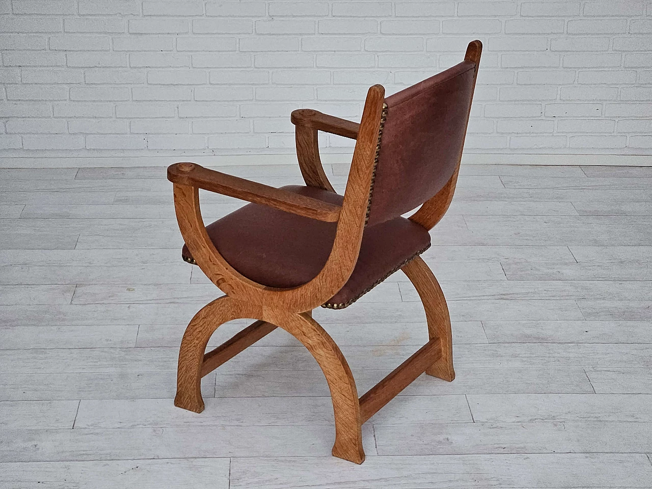 Danish armchair in natural brown leather and oak, 1950s 12