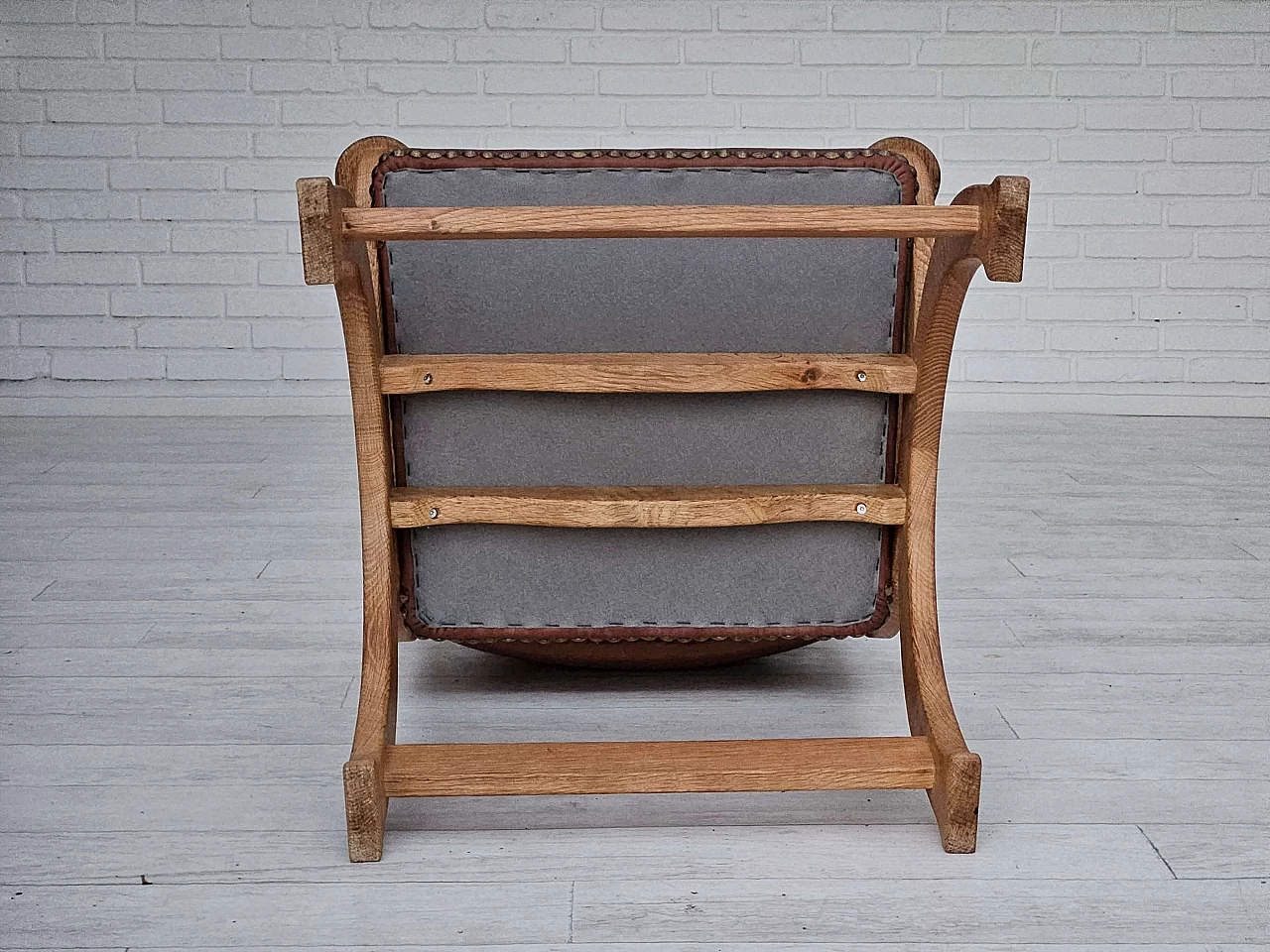 Danish armchair in natural brown leather and oak, 1950s 14