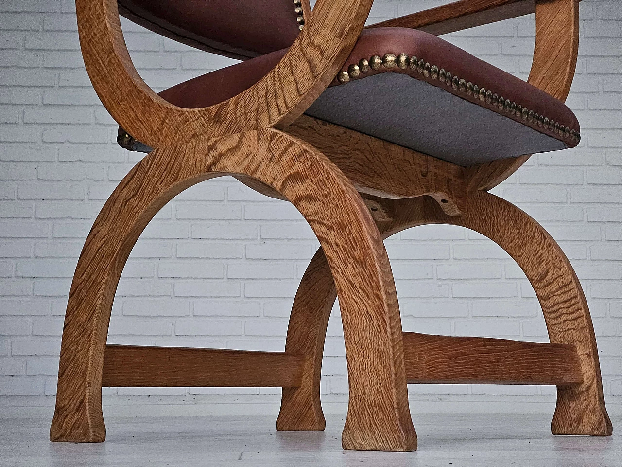 Danish armchair in natural brown leather and oak, 1950s 15