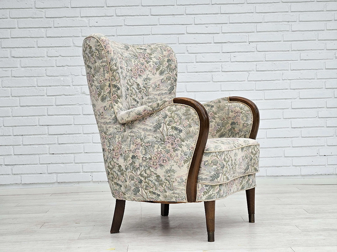 Danish beech and floral fabric armchair, 1960s 1