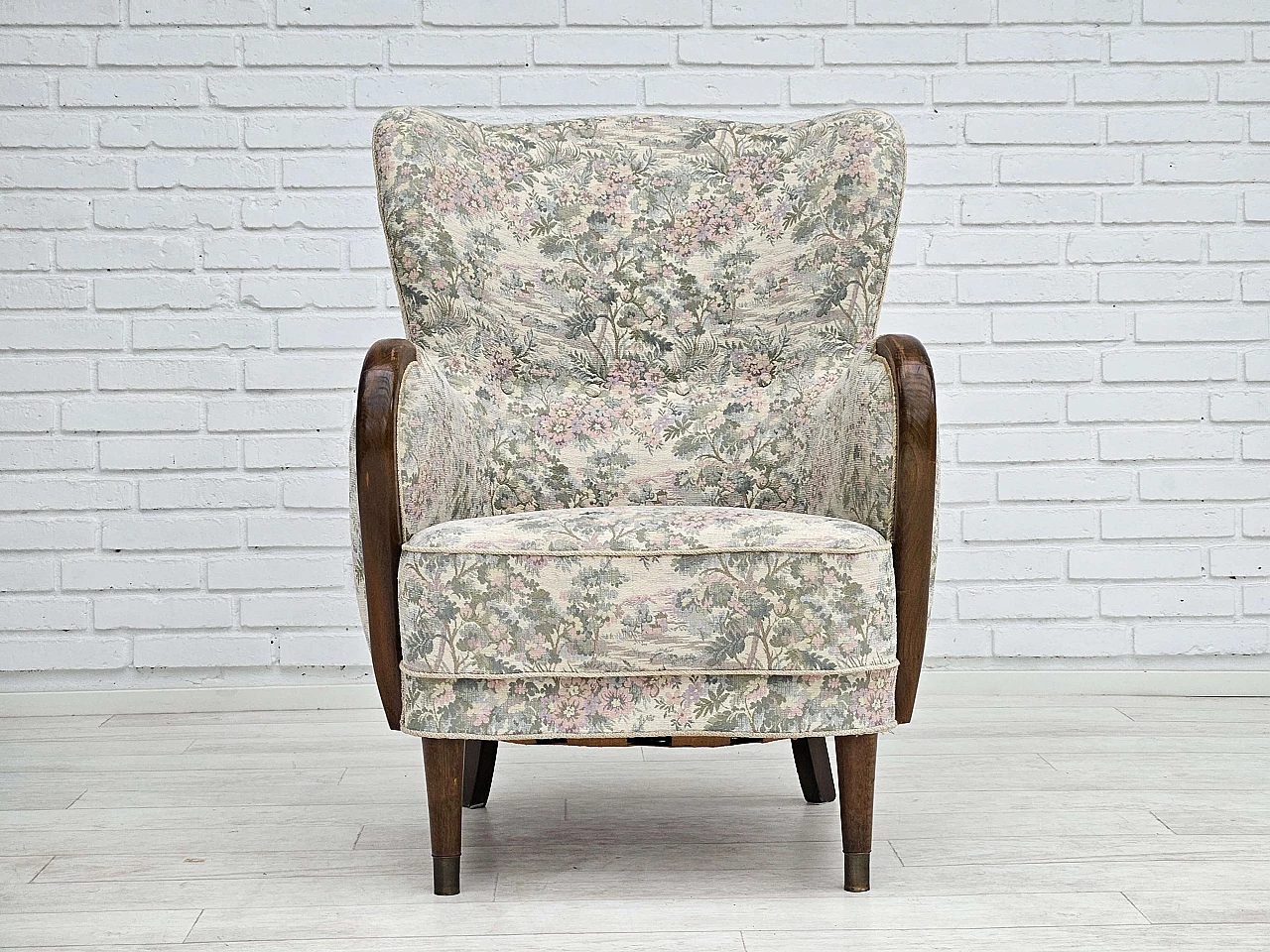 Danish beech and floral fabric armchair, 1960s 5