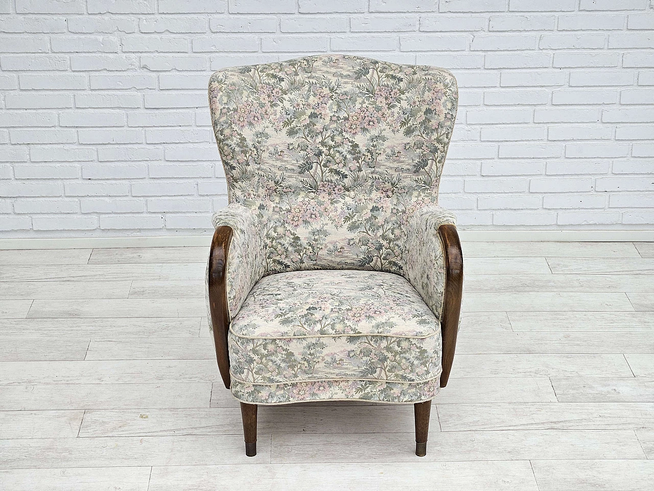 Danish beech and floral fabric armchair, 1960s 6