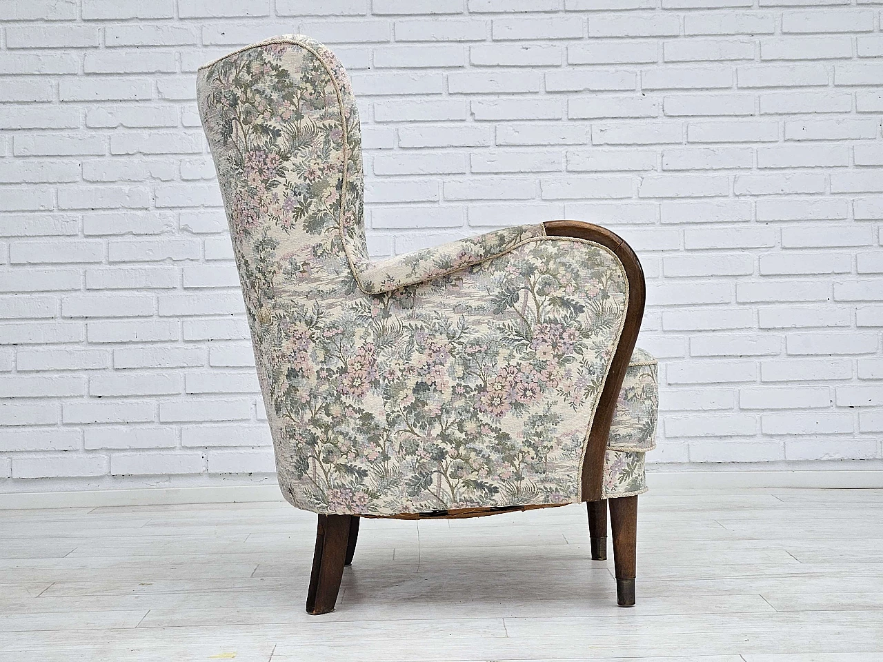 Danish beech and floral fabric armchair, 1960s 8