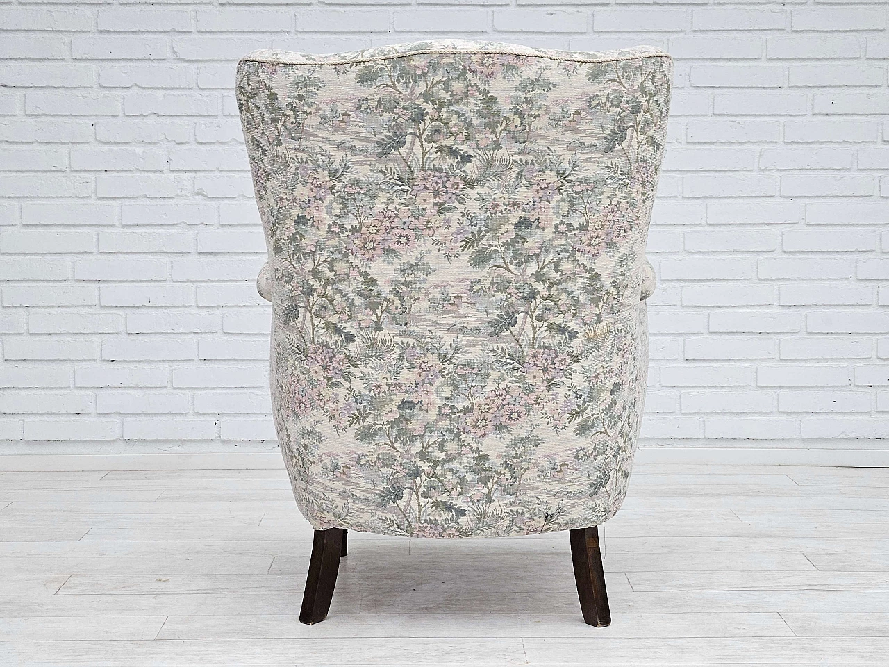 Danish beech and floral fabric armchair, 1960s 10
