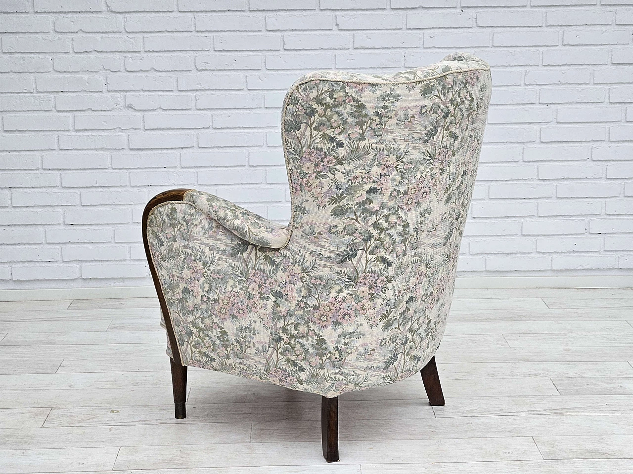 Danish beech and floral fabric armchair, 1960s 11