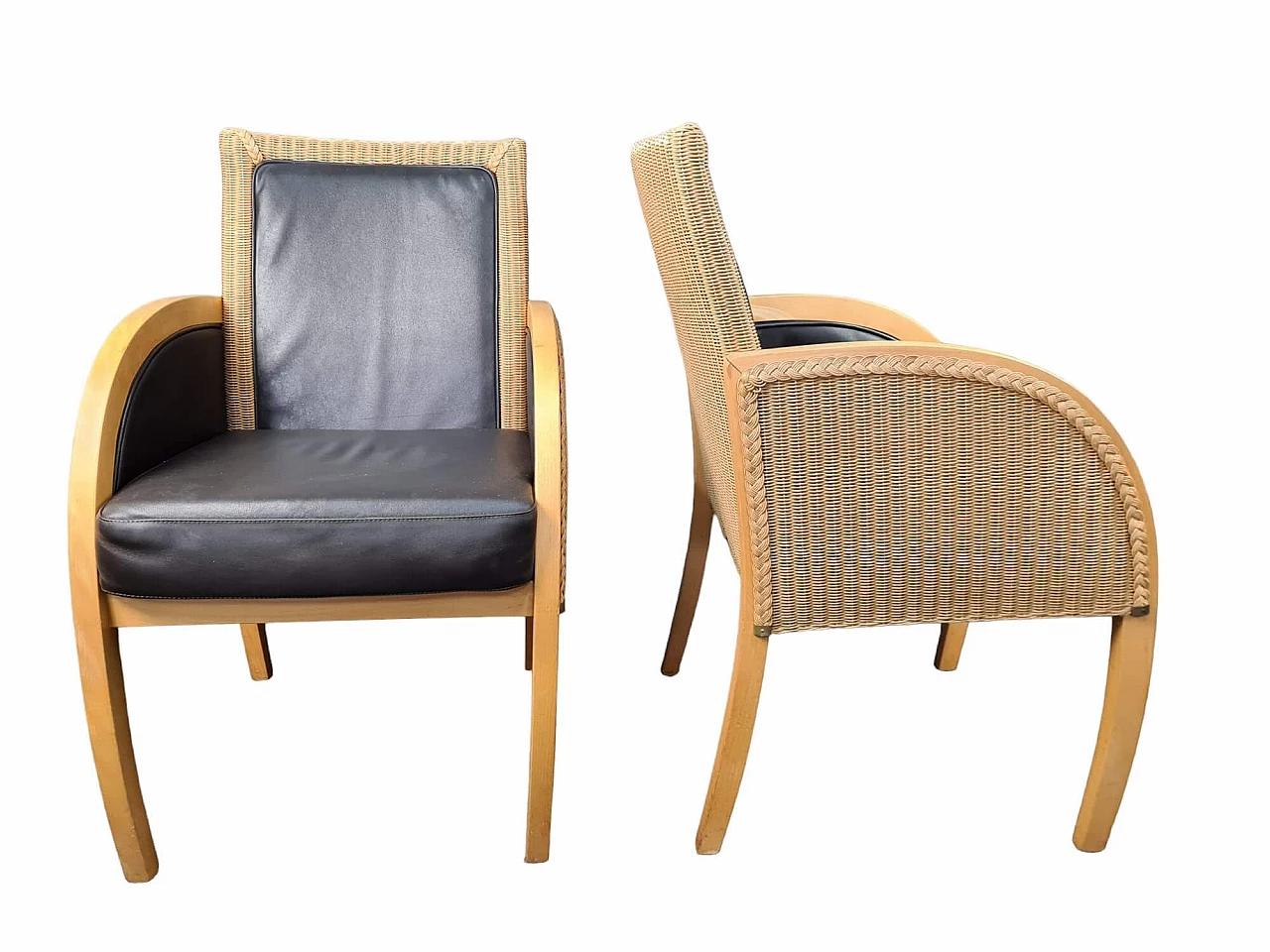 Pair of wood, rattan and leather armchairs by Lloyd Loom 3