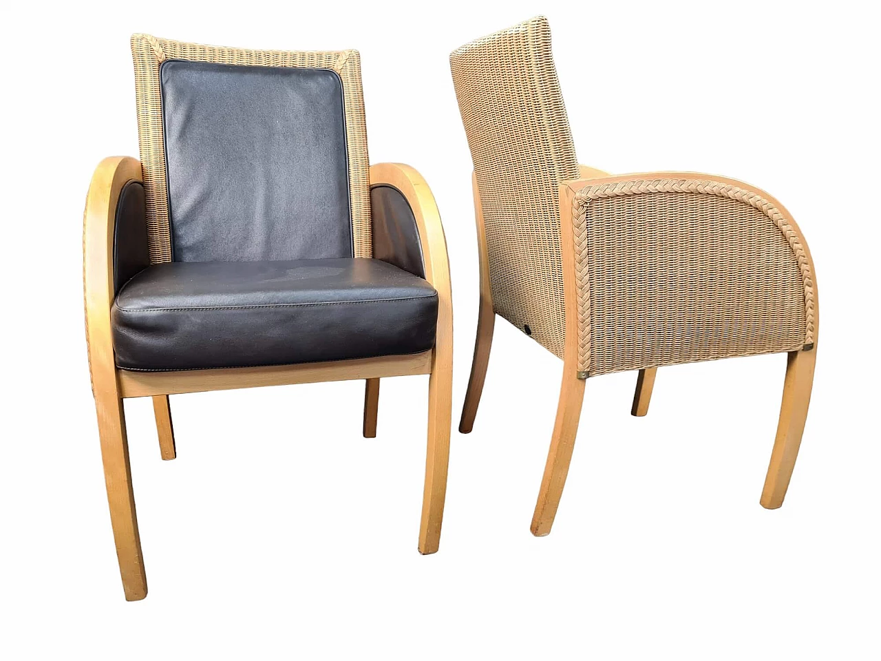 Pair of wood, rattan and leather armchairs by Lloyd Loom 6