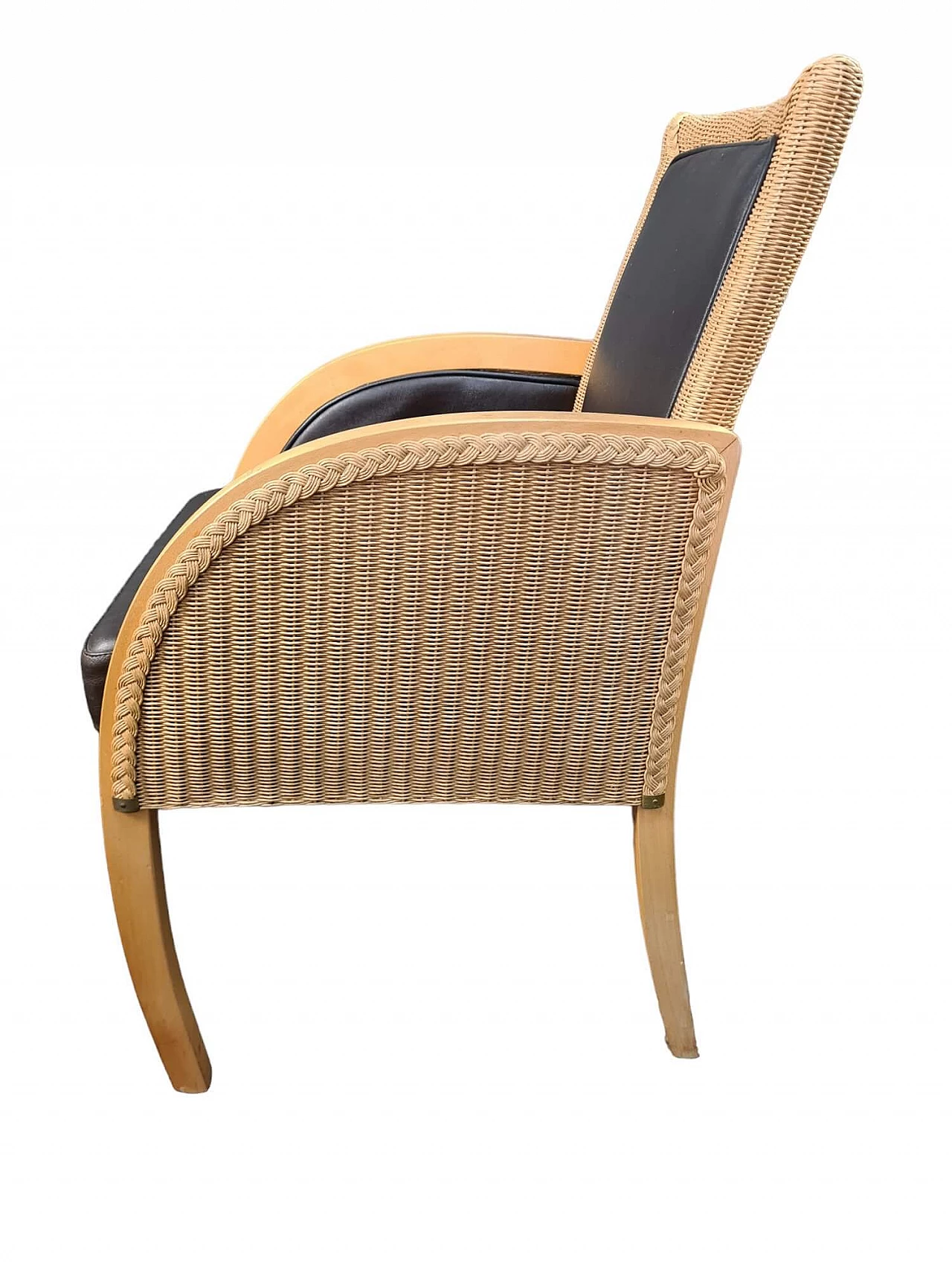 Pair of wood, rattan and leather armchairs by Lloyd Loom 8