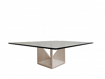 Travertine coffee table with glass top by Claude Berraldacci, 1990s